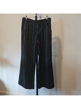 METROSTYLE WOMEN'S BLACK WITH TURQUOISE STRIPED FLARED CUFFED PANTS SIZE 12